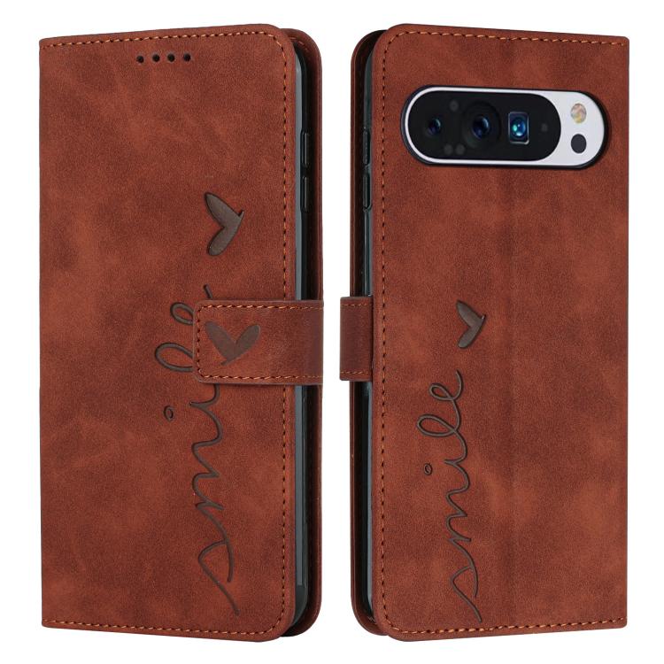 For Google Pixel 10 Pro XL Skin Feel Heart Embossed Leather Phone Case with Long Lanyard(Brown) - Google Cases by buy2fix | Online Shopping UK | buy2fix
