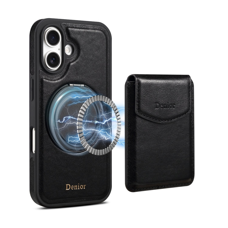 For iPhone 16 Plus Denior D22 Genuine Leather MagSafe Holder Detachable Card Slot Phone Case(Black) by Denior