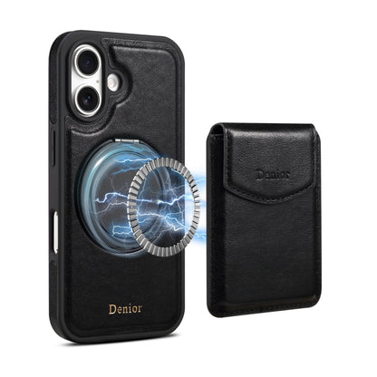 For iPhone 16 Plus Denior D22 Genuine Leather MagSafe Holder Detachable Card Slot Phone Case(Black) by Denior