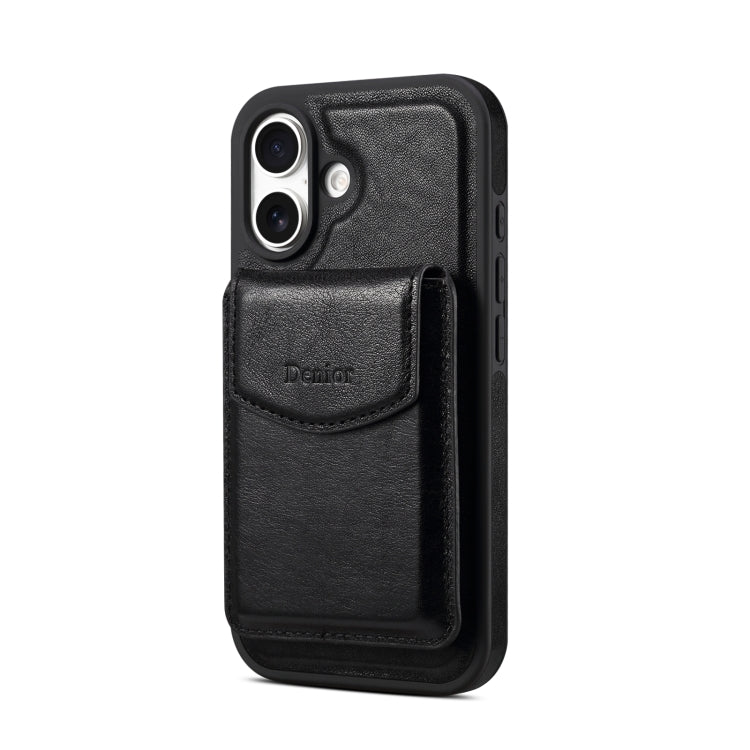 For iPhone 16 Plus Denior D22 Genuine Leather MagSafe Holder Detachable Card Slot Phone Case(Black) by Denior