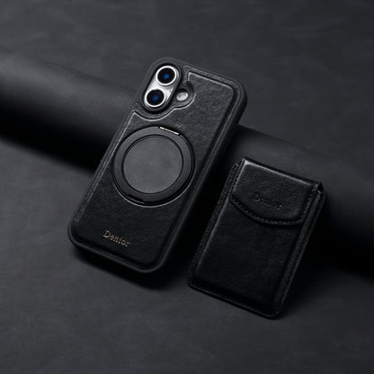 For iPhone 16 Plus Denior D22 Genuine Leather MagSafe Holder Detachable Card Slot Phone Case(Black) by Denior
