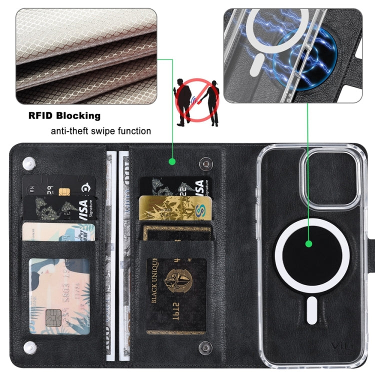 For iPhone 16 ViLi GVS-C Series MagSafe Magnetic RFID Leather Flip Phone Case(Black) - iPhone 16 Cases by ViLi | Online Shopping UK | buy2fix