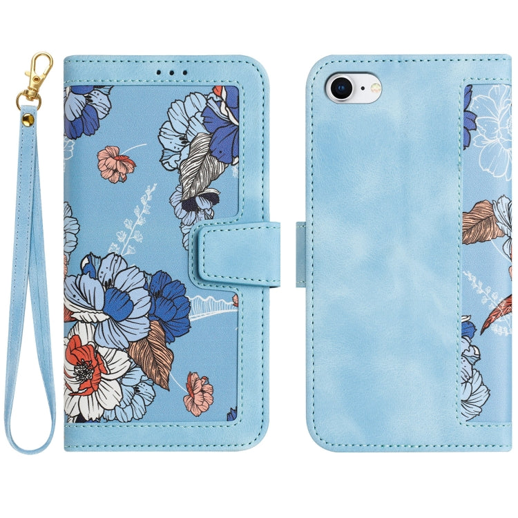 For iPhone 16e Floral Pattern Leather Phone Case with Lanyard(Light Blue) - iPhone 16e Cases by buy2fix | Online Shopping UK | buy2fix