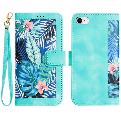 For iPhone 16e Floral Pattern Leather Phone Case with Lanyard(Green) - iPhone 16e Cases by buy2fix | Online Shopping UK | buy2fix