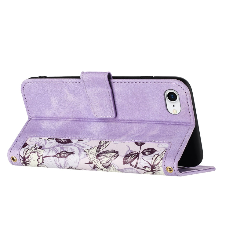 For iPhone 16e Floral Pattern Leather Phone Case with Lanyard(Light Purple) - iPhone 16e Cases by buy2fix | Online Shopping UK | buy2fix