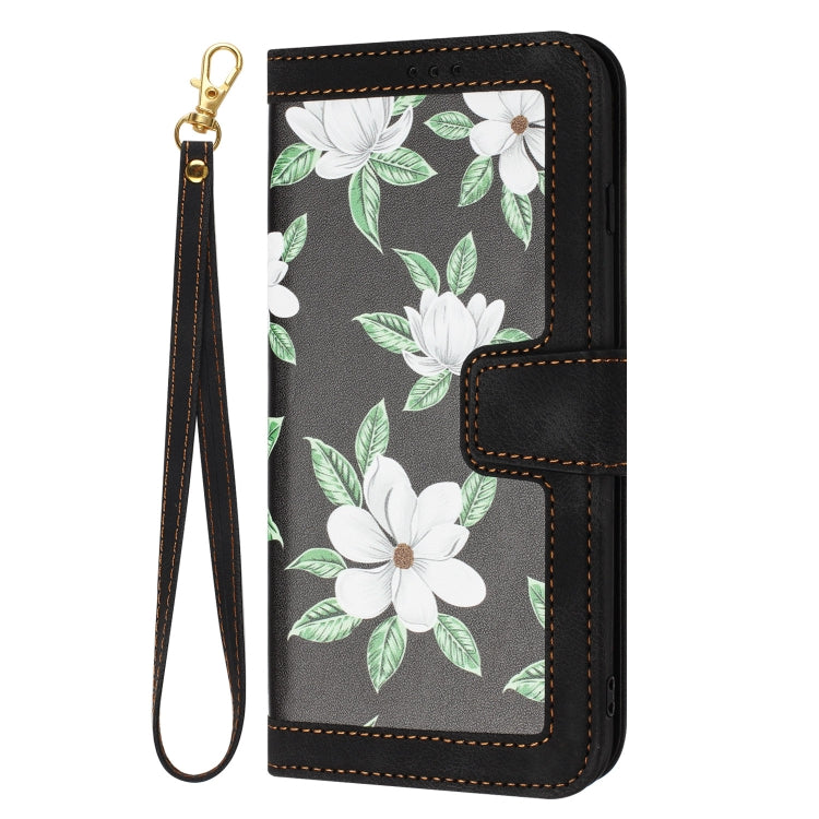 For iPhone 16e Floral Pattern Leather Phone Case with Lanyard(Black) - iPhone 16e Cases by buy2fix | Online Shopping UK | buy2fix