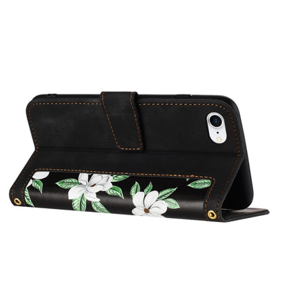 For iPhone 16e Floral Pattern Leather Phone Case with Lanyard(Black) - iPhone 16e Cases by buy2fix | Online Shopping UK | buy2fix