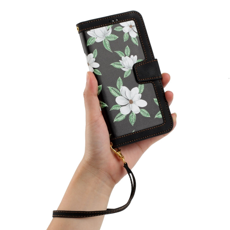 For iPhone 16e Floral Pattern Leather Phone Case with Lanyard(Black) - iPhone 16e Cases by buy2fix | Online Shopping UK | buy2fix
