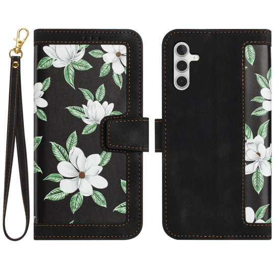 For Samsung Galaxy A16 5G / 4G Floral Pattern Leather Phone Case with Lanyard(Black)