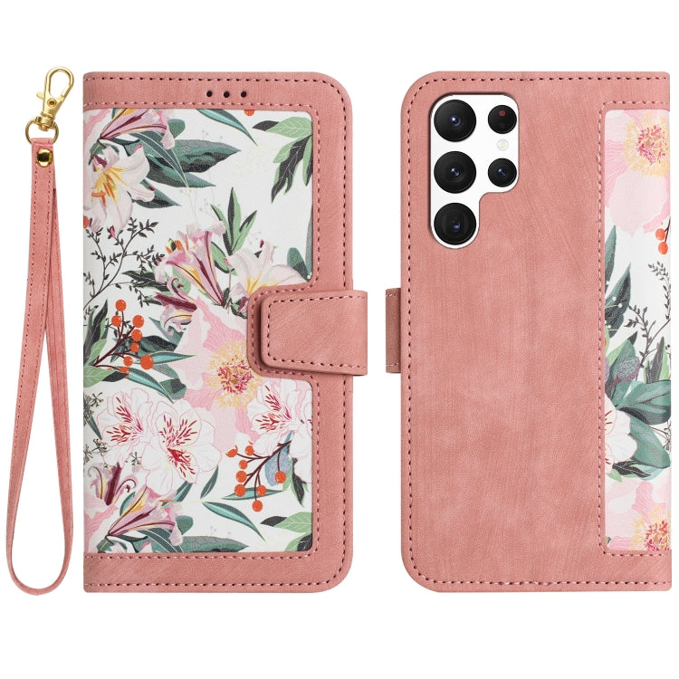 For Samsung Galaxy S25 Ultra 5G Floral Pattern Leather Phone Case with Lanyard(Pink) by buy2fix