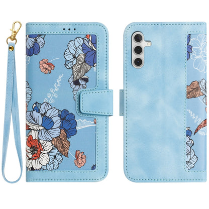 For Samsung Galaxy S25+ 5G Floral Pattern Leather Phone Case with Lanyard(Light Blue) by buy2fix