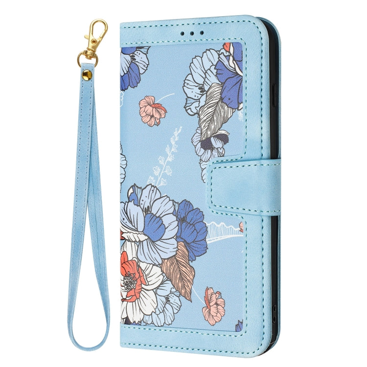 For Samsung Galaxy S25+ 5G Floral Pattern Leather Phone Case with Lanyard(Light Blue) by buy2fix