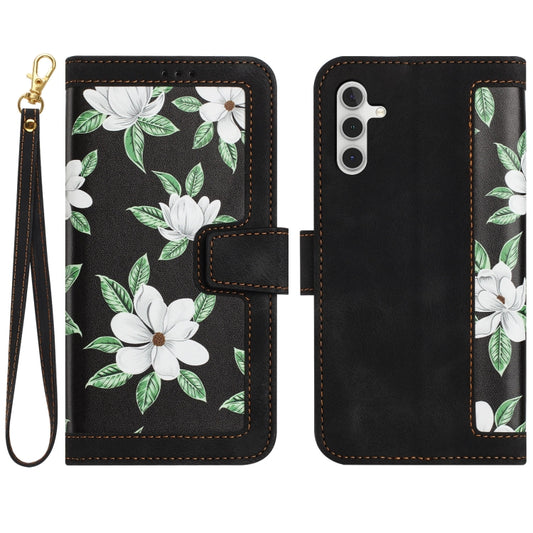For Samsung Galaxy S25+ 5G Floral Pattern Leather Phone Case with Lanyard(Black) by buy2fix