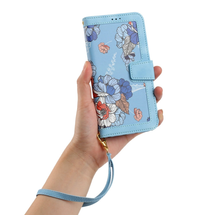 For Samsung Galaxy S25 5G Floral Pattern Leather Phone Case with Lanyard(Light Blue) by buy2fix