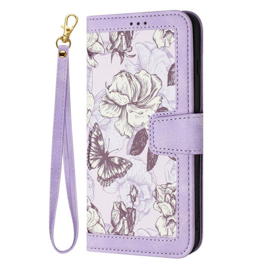 For Samsung Galaxy S25 5G Floral Pattern Leather Phone Case with Lanyard(Light Purple) by buy2fix
