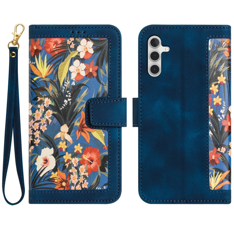 For Samsung Galaxy S25 5G Floral Pattern Leather Phone Case with Lanyard(Dark Blue) - Galaxy S25 5G Cases by buy2fix | Online Shopping UK | buy2fix