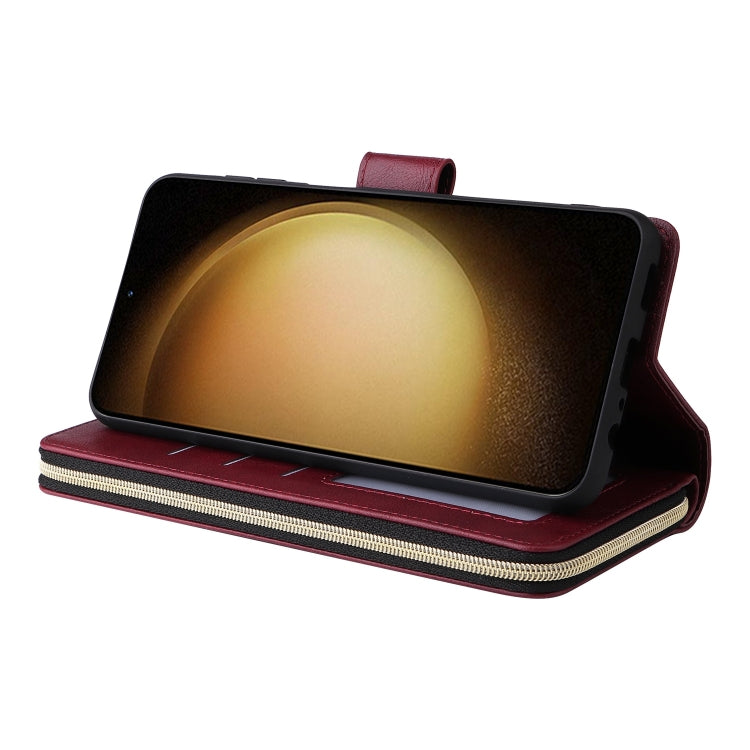 For Samsung Galaxy S25+ 5G 9-Card Slots Zipper Wallet Bag Leather Phone Case(Wine Red) by buy2fix