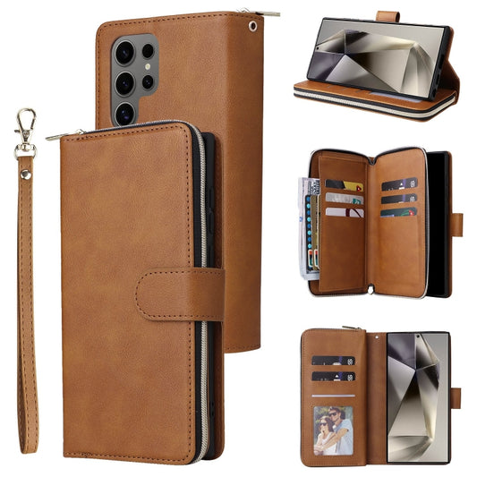 For Samsung Galaxy S25 Ultra 5G 9-Card Slots Zipper Wallet Bag Leather Phone Case(Brown) by buy2fix