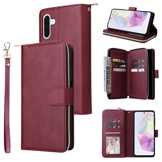 For Galaxy A26 5G 9-Card Slots Zipper Wallet Bag Leather Phone Case(Wine Red)