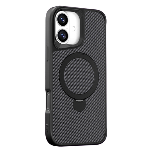 For iPhone 16 Carbon Fiber Texture 360 MagSafe Holder Phone Case(Black) - iPhone 16 Cases by buy2fix | Online Shopping UK | buy2fix