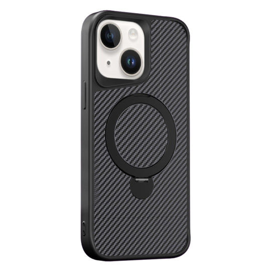 For iPhone 15 Carbon Fiber Texture 360 MagSafe Holder Phone Case(Black)