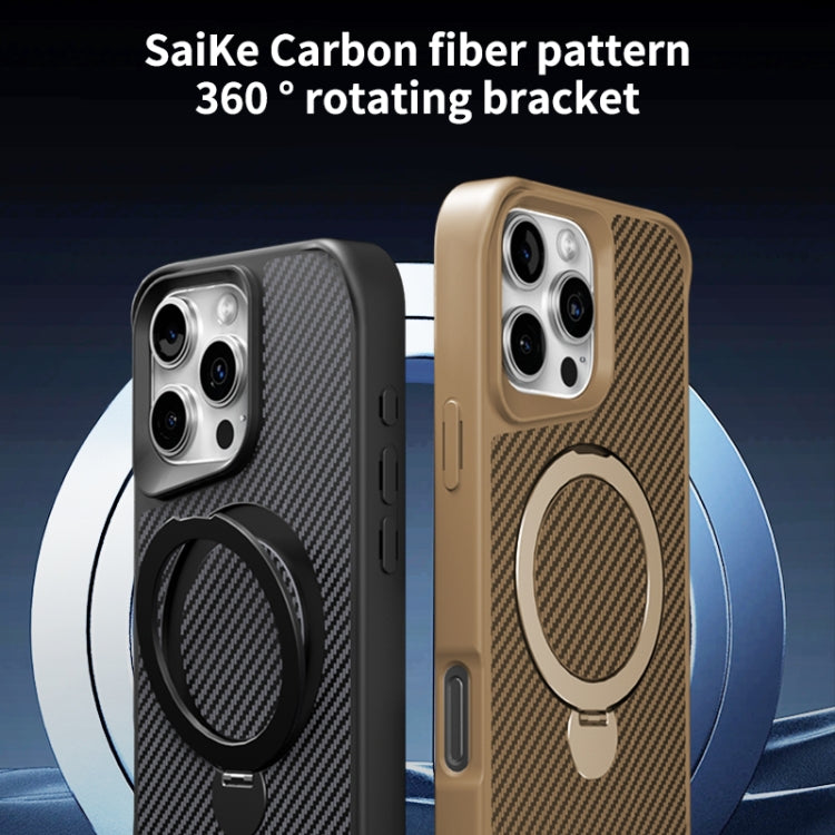 For iPhone 15 Carbon Fiber Texture 360 MagSafe Holder Phone Case(Desert Gold) - iPhone 15 Cases by buy2fix | Online Shopping UK | buy2fix