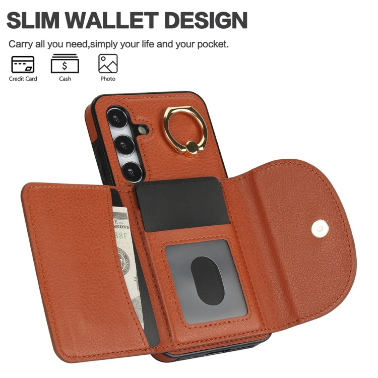 For Samsung Galaxy S25+ 5G Ring Holder Card Bag Skin Feel Phone Case(Brown) - Galaxy S25+ 5G Cases by buy2fix | Online Shopping UK | buy2fix