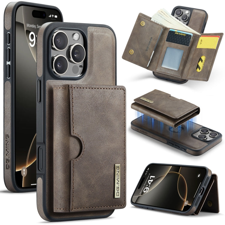 For iPhone 16 Pro DG.MING M6 Series RFID Tri-fold Card Bag Removable Leather Phone Case(Coffee) by DG.MING