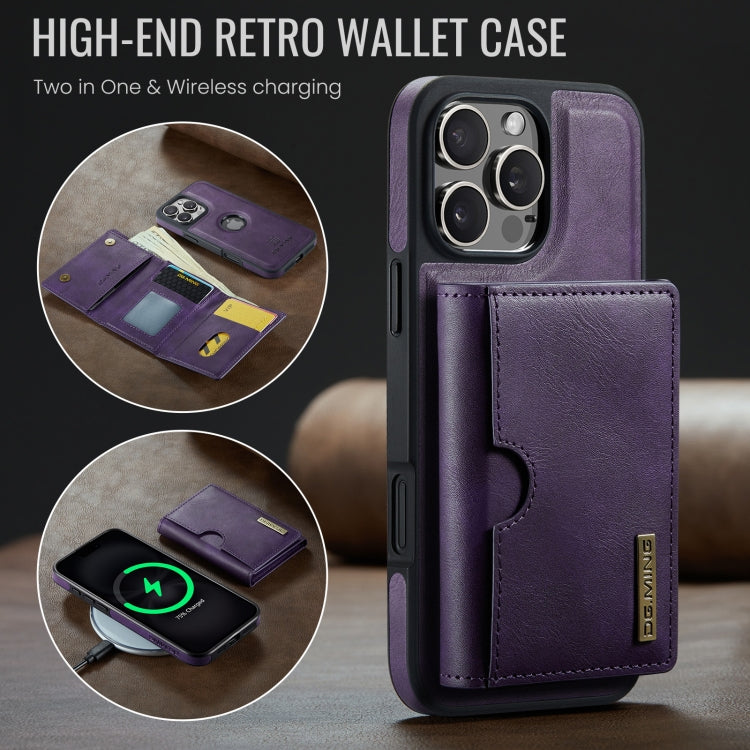 For iPhone 16 Pro DG.MING M6 Series RFID Tri-fold Card Bag Removable Leather Phone Case(Purple) by DG.MING