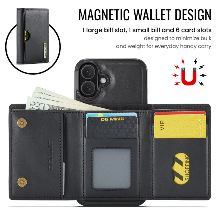 For iPhone 16 Plus DG.MING M6 Series RFID Tri-fold Card Bag Removable Leather Phone Case(Black) - iPhone 16 Plus Cases by DG.MING | Online Shopping UK | buy2fix