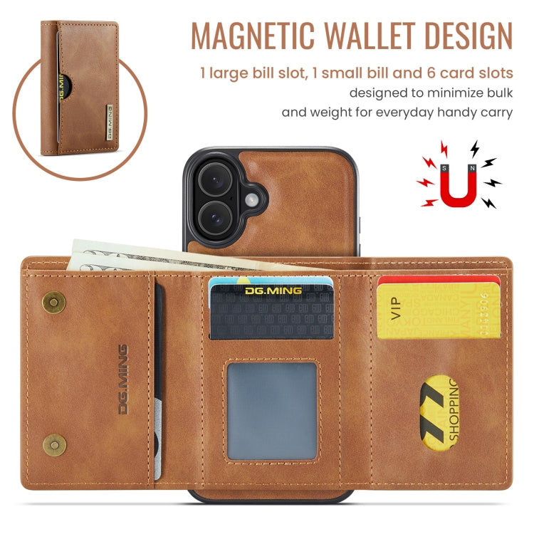 For iPhone 16 DG.MING M6 Series RFID Tri-fold Card Bag Removable Leather Phone Case(Brown) - iPhone 16 Cases by DG.MING | Online Shopping UK | buy2fix