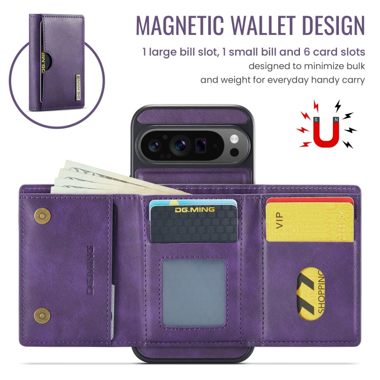 For Google Pixel 9 Pro XL DG.MING M6 Series RFID Tri-fold Card Bag Removable Leather Phone Case(Purple) by DG.MING