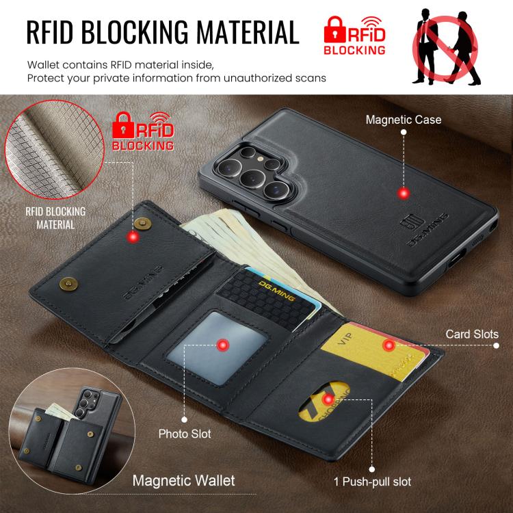 For Samsung Galaxy S25 Ultra 5G DG.MING M6 Series RFID Tri-fold Card Bag Removable Leather Phone Case(Black) - Galaxy S25 Ultra 5G Cases by DG.MING | Online Shopping UK | buy2fix