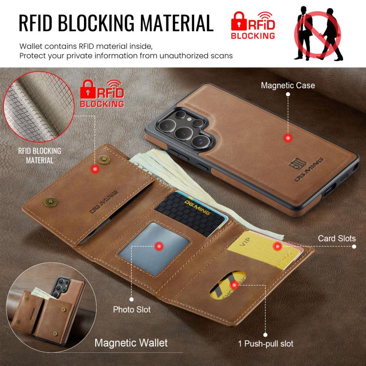 For Samsung Galaxy S25 Ultra 5G DG.MING M6 Series RFID Tri-fold Card Bag Removable Leather Phone Case(Brown) - Galaxy S25 Ultra 5G Cases by DG.MING | Online Shopping UK | buy2fix