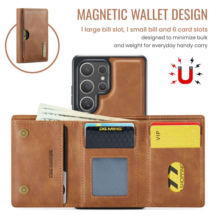 For Samsung Galaxy S25 Ultra 5G DG.MING M6 Series RFID Tri-fold Card Bag Removable Leather Phone Case(Brown) - Galaxy S25 Ultra 5G Cases by DG.MING | Online Shopping UK | buy2fix