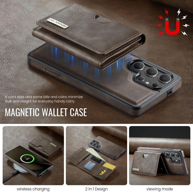 For Samsung Galaxy S25 Ultra 5G DG.MING M6 Series RFID Tri-fold Card Bag Removable Leather Phone Case(Coffee) - Galaxy S25 Ultra 5G Cases by DG.MING | Online Shopping UK | buy2fix