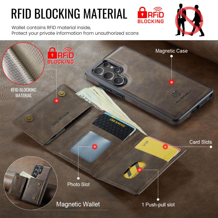 For Samsung Galaxy S25 Ultra 5G DG.MING M6 Series RFID Tri-fold Card Bag Removable Leather Phone Case(Coffee) - Galaxy S25 Ultra 5G Cases by DG.MING | Online Shopping UK | buy2fix