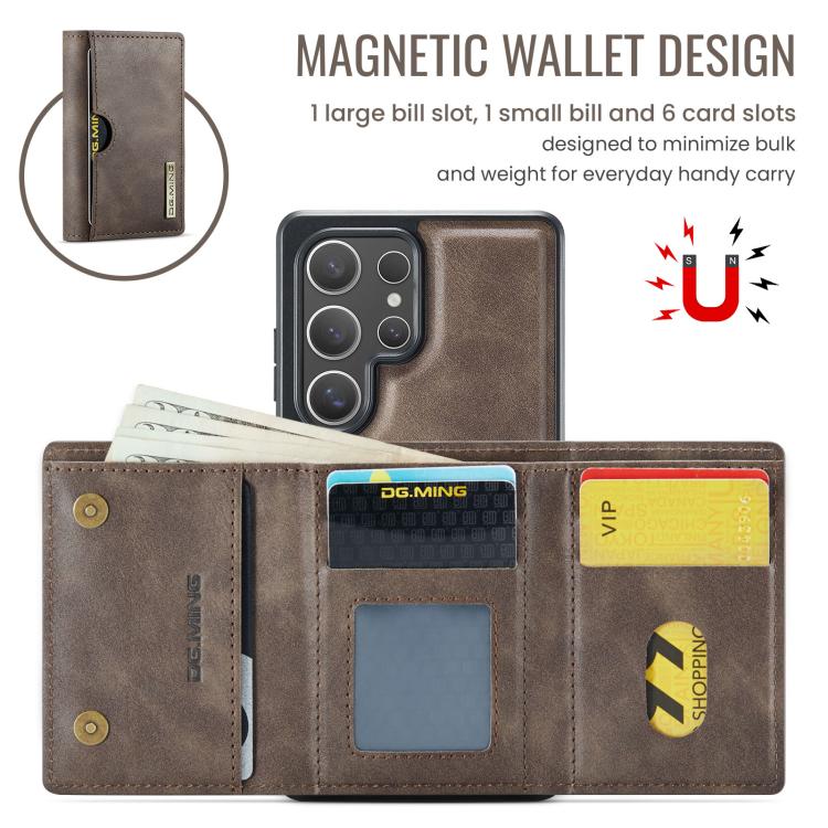 For Samsung Galaxy S25 Ultra 5G DG.MING M6 Series RFID Tri-fold Card Bag Removable Leather Phone Case(Coffee) - Galaxy S25 Ultra 5G Cases by DG.MING | Online Shopping UK | buy2fix