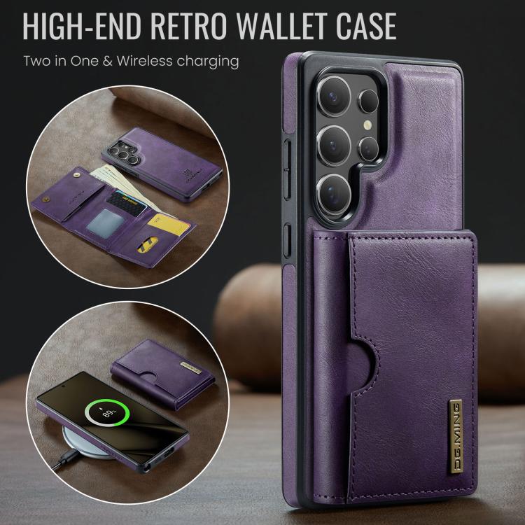 For Samsung Galaxy S25 Ultra 5G DG.MING M6 Series RFID Tri-fold Card Bag Removable Leather Phone Case(Purple) - Galaxy S25 Ultra 5G Cases by DG.MING | Online Shopping UK | buy2fix