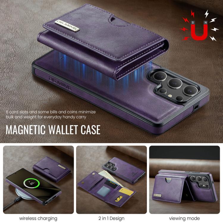 For Samsung Galaxy S25 Ultra 5G DG.MING M6 Series RFID Tri-fold Card Bag Removable Leather Phone Case(Purple) - Galaxy S25 Ultra 5G Cases by DG.MING | Online Shopping UK | buy2fix
