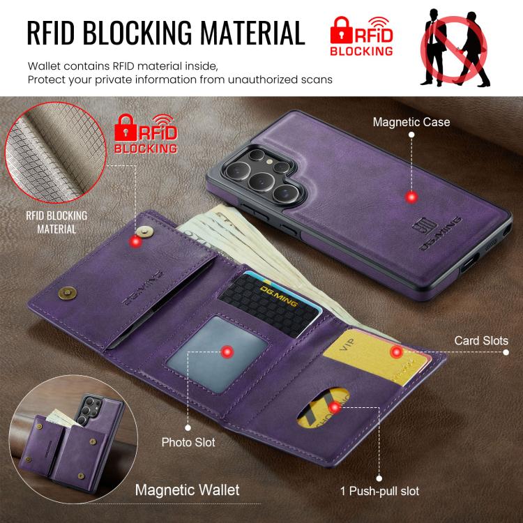 For Samsung Galaxy S25 Ultra 5G DG.MING M6 Series RFID Tri-fold Card Bag Removable Leather Phone Case(Purple) - Galaxy S25 Ultra 5G Cases by DG.MING | Online Shopping UK | buy2fix