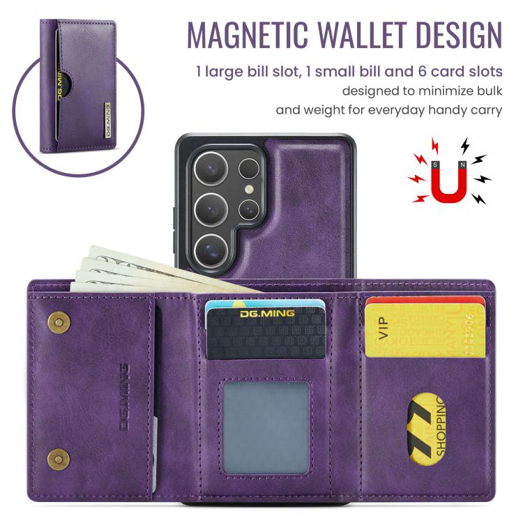 For Samsung Galaxy S25 Ultra 5G DG.MING M6 Series RFID Tri-fold Card Bag Removable Leather Phone Case(Purple) - Galaxy S25 Ultra 5G Cases by DG.MING | Online Shopping UK | buy2fix