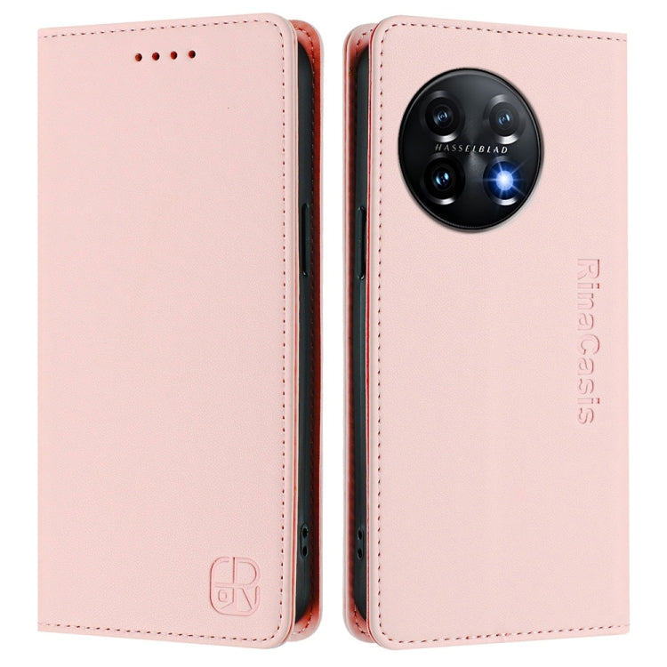 For OnePlus 11 RC01 Dual-Folded Magnetic Suction RFID Leather Phone Case(Pink) - OnePlus Cases by buy2fix | Online Shopping UK | buy2fix