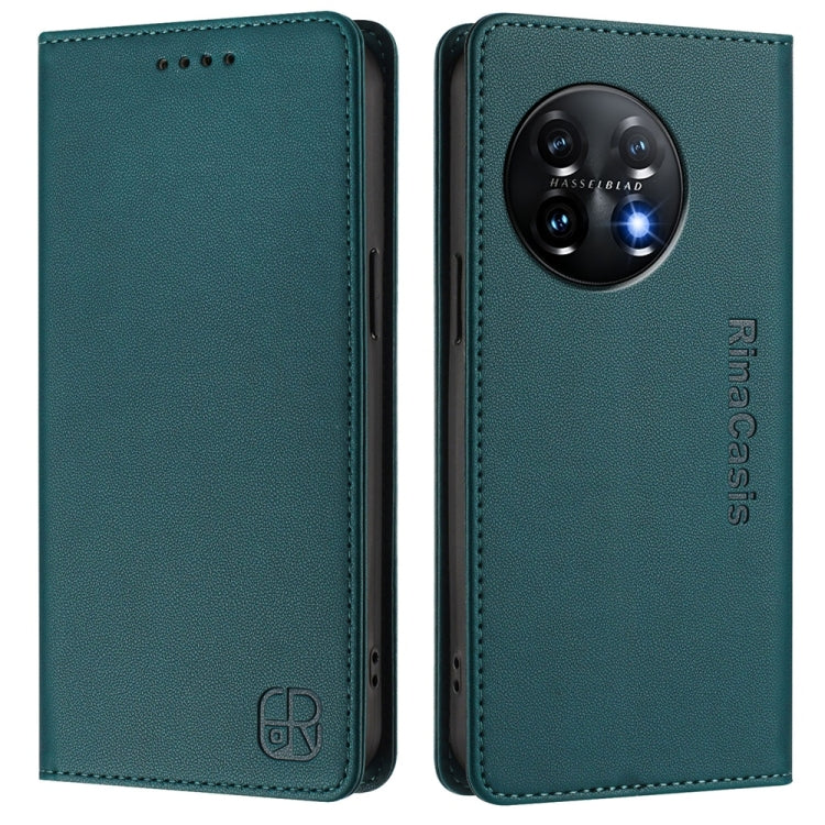 For OnePlus 11 RC01 Dual-Folded Magnetic Suction RFID Leather Phone Case(Dark Green) - OnePlus Cases by buy2fix | Online Shopping UK | buy2fix