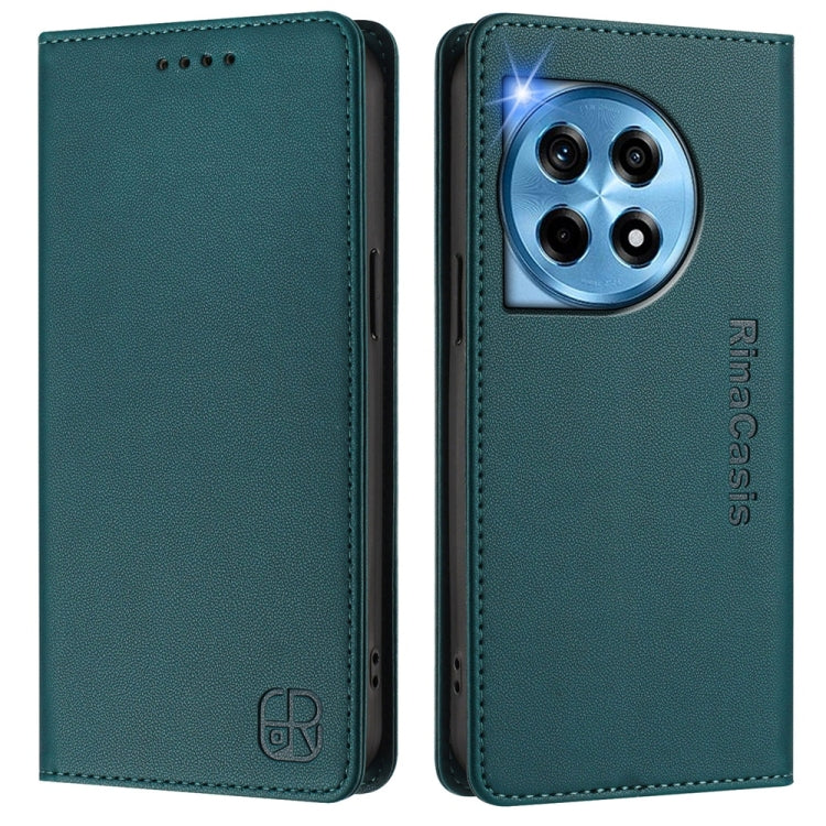 For OnePlus 12 Global RC01 Dual-Folded Magnetic Suction RFID Leather Phone Case(Dark Green) - OnePlus Cases by buy2fix | Online Shopping UK | buy2fix