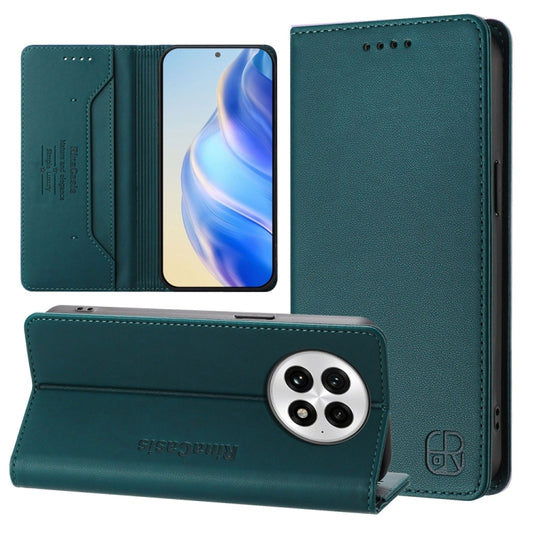 For OnePlus 13 RC01 Dual-Folded Magnetic Suction RFID Leather Phone Case(Dark Green) by buy2fix