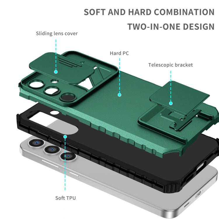 For Samsung Galaxy S25 5G Stereoscopic Holder Sliding Camshield Phone Case(Green) by buy2fix