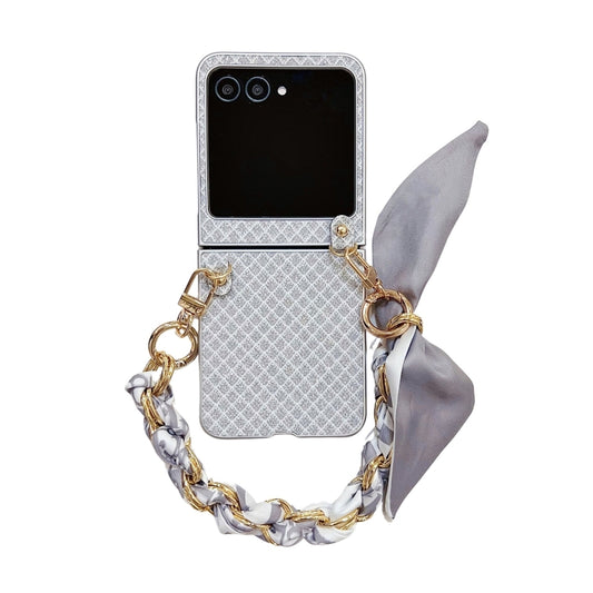 For Motorola Razr 50 Ultra Sparkling Diamond Rhombus PC Phone Case with Silk Scarf Bracelet(Silver) by buy2fix