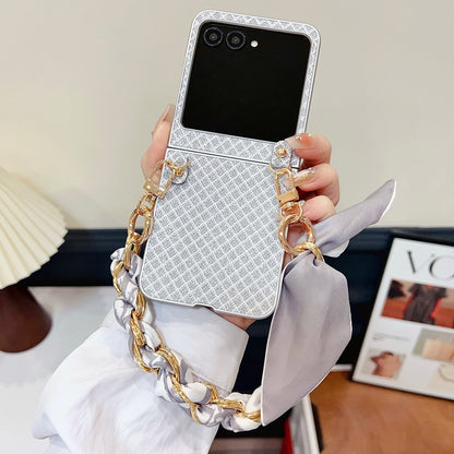For Motorola Razr 50 Ultra Sparkling Diamond Rhombus PC Phone Case with Silk Scarf Bracelet(Silver) by buy2fix