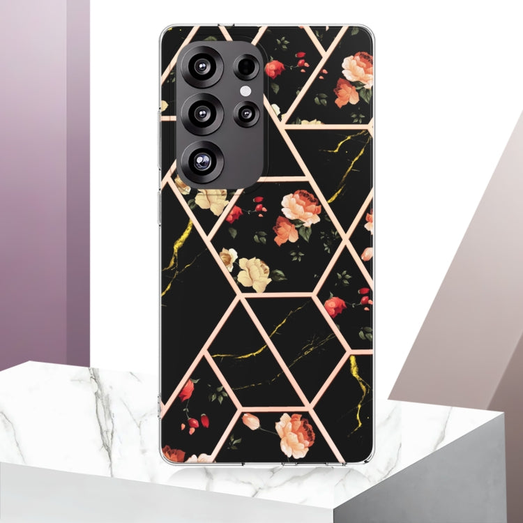 For Samsung Galaxy S25 Ultra 5G Splicing Marble Flower IMD TPU Phone Case(Black Flower) - Galaxy S25 Ultra 5G Cases by buy2fix | Online Shopping UK | buy2fix